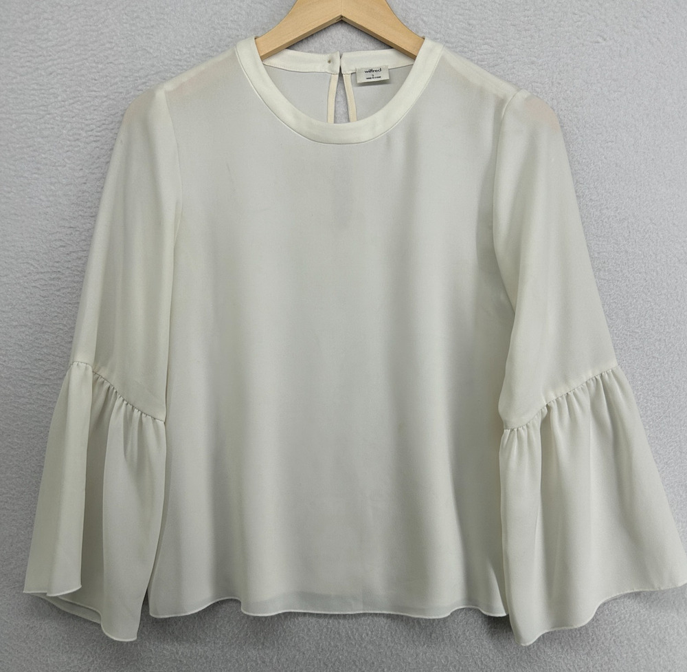 WILFRED ARITZIA Top S Crepe Blouse Round Neck Bell Sleeve Back Keyhole Off White